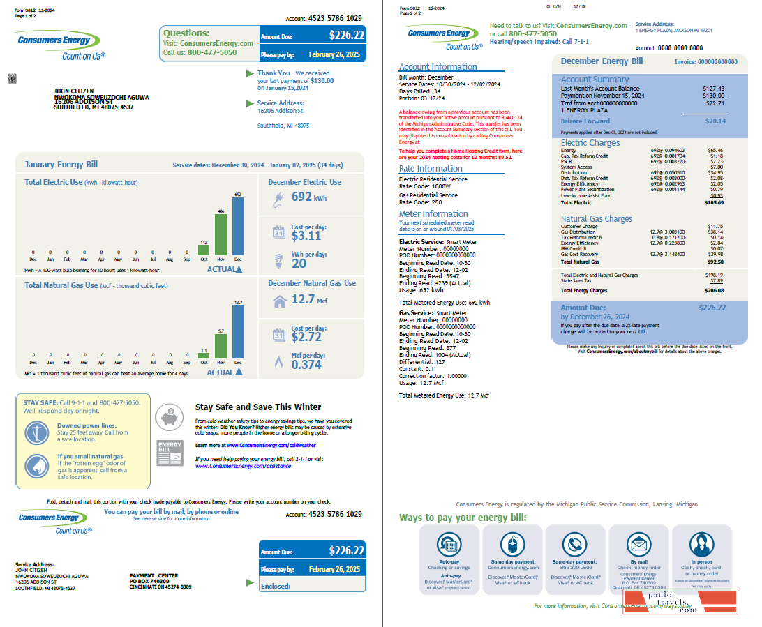 USA Consumers Energy utility bill template in Word and PDF formats, 2 pages